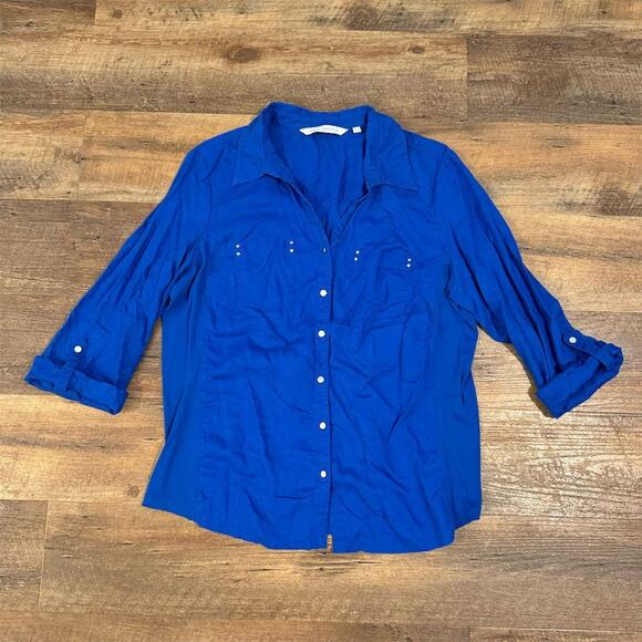 Emily Daniels Linen Blend Roll Tab Half Sleeve Button-Up Shirt Blue Large Pocket - Picture 1 of 9